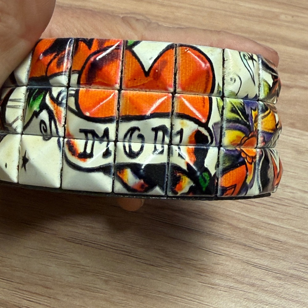 Tattoo Art Pyramid Stud Cuff Bracelet MOM Heart Graphic Print Black Wide Wrap